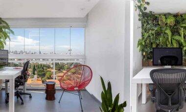 Projeto de Korman Arquitetos optou pelo jardim vertical no home office. Foto: JP Image