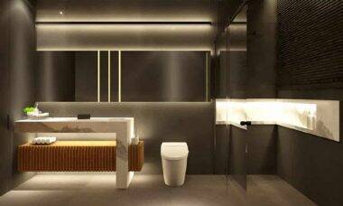 Banheiro preto e branco minimalista. Crédito: Hayasaki Arquitetura